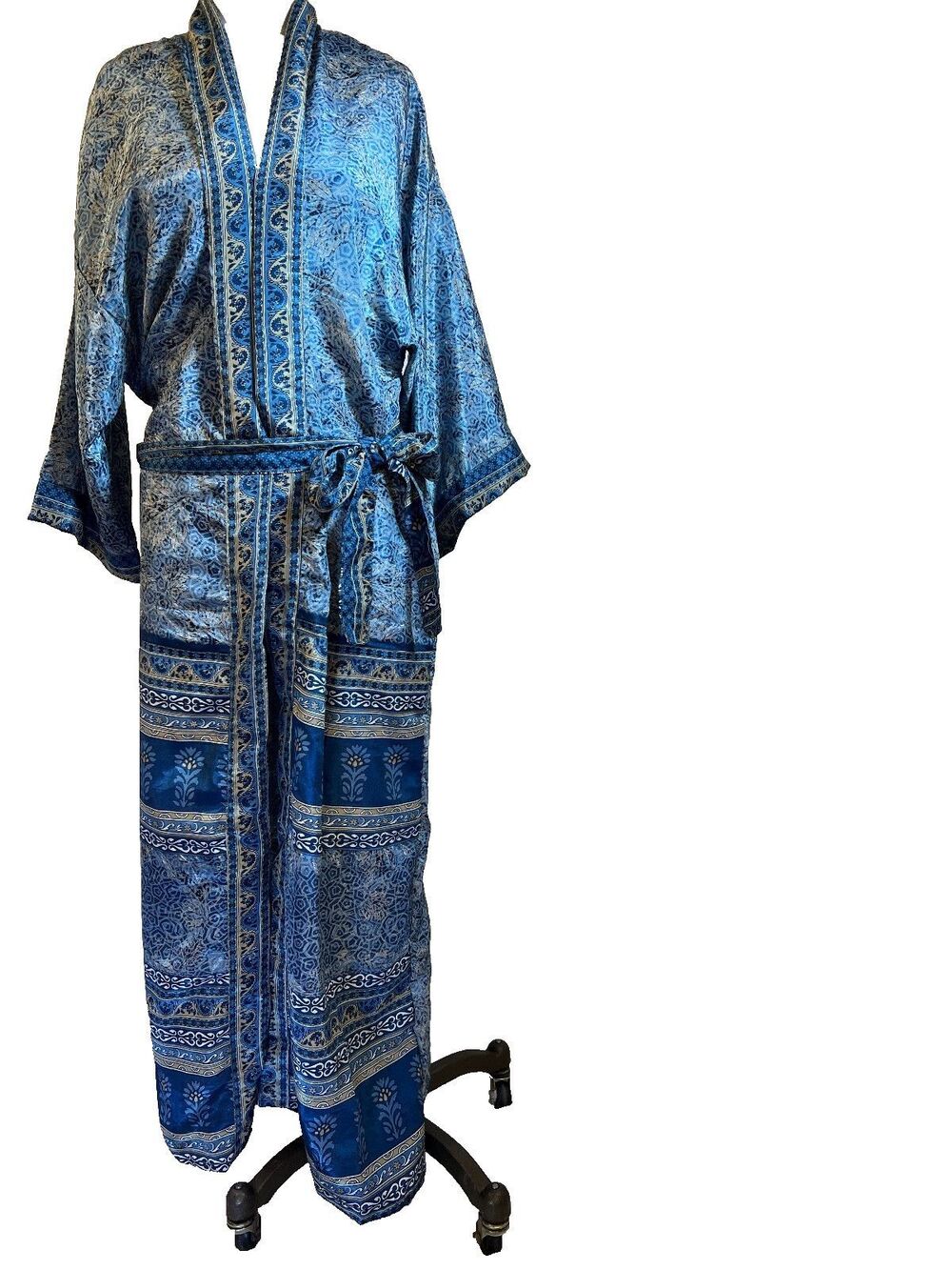 Bohemian Long Blue Intricate Floral Paisley Motif Kimono Robe Matching Tie Belt